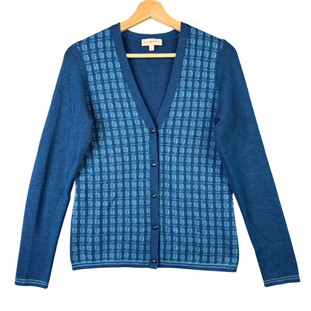 Tory Burch Walda Scarab Blue 100% Merino Wool Cardigan Sweater Beetle Buttons S